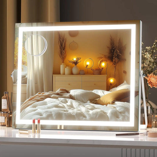 Hasipu Vanity Mirror with Lights 14" x 12" LED Makeup Mirror with 10X Magnification Smart Touch 3 Colors Dimmable Adjustable Brightness 360° Rotation White